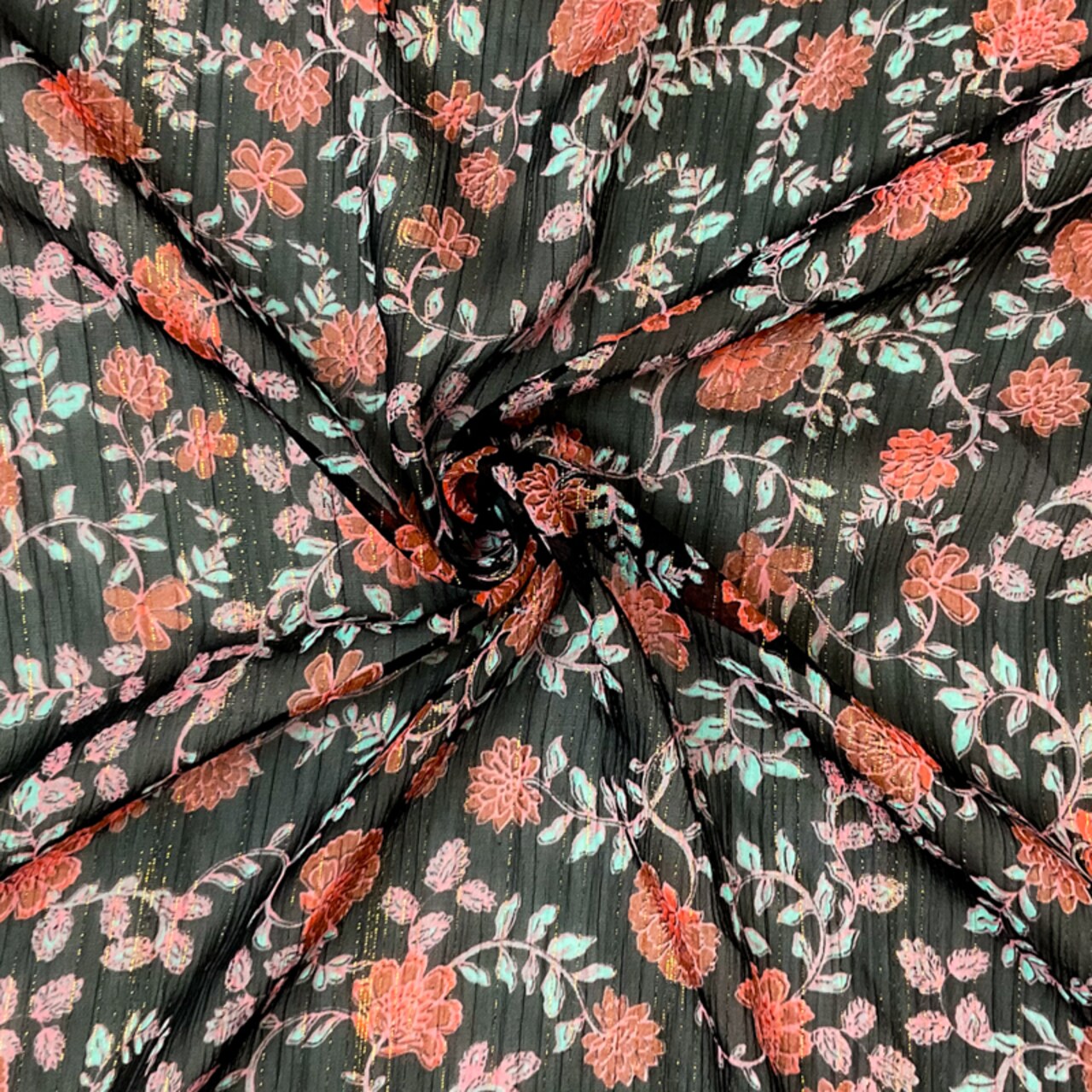 Black-Multi Poly Floral Metallic Print Yoryu Chiffon Woven Fabric By the Yard